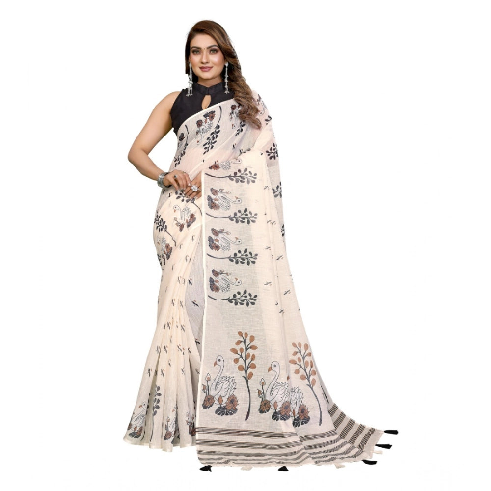 Women's Linen Cotton Printed Saree With Unstitched Blouse 5.5Mtr (Off White) - VANSHELLE