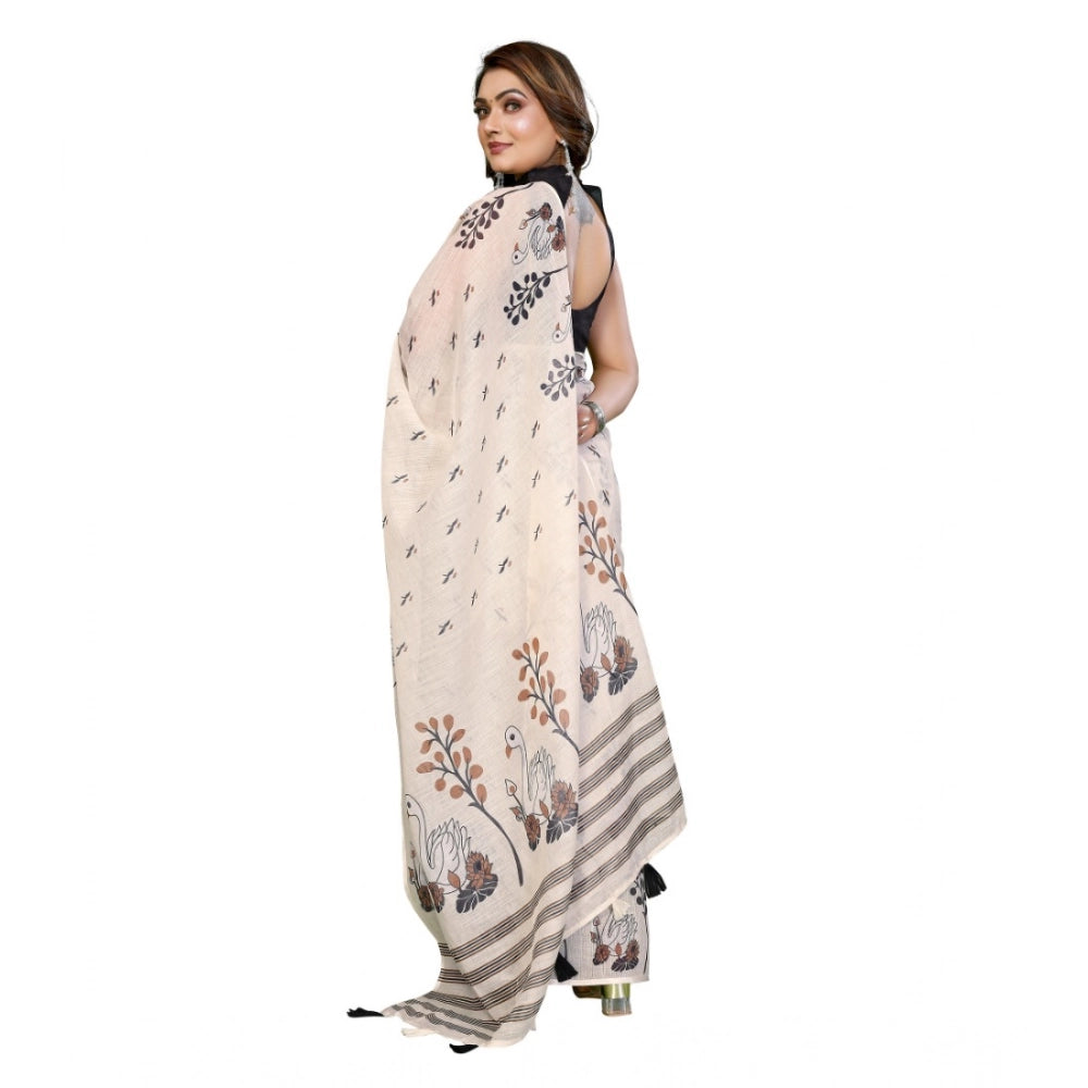 Women's Linen Cotton Printed Saree With Unstitched Blouse 5.5Mtr (Off White) - VANSHELLE