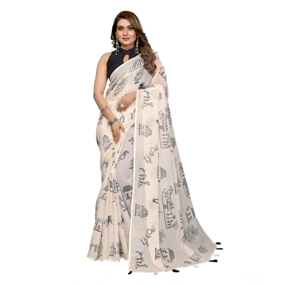 Women's Linen Cotton Printed Saree With Unstitched Blouse 5.5Mtr (Off White) - VANSHELLE