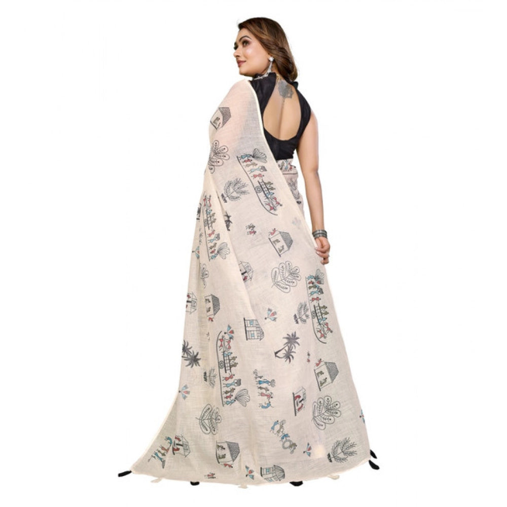 Women's Linen Cotton Printed Saree With Unstitched Blouse 5.5Mtr (Off White) - VANSHELLE