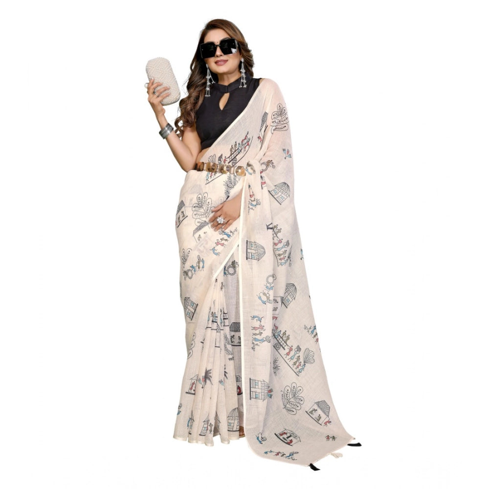 Women's Linen Cotton Printed Saree With Unstitched Blouse 5.5Mtr (Off White) - VANSHELLE