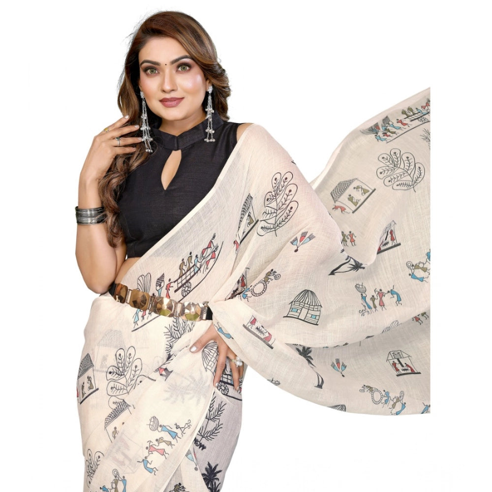 Women's Linen Cotton Printed Saree With Unstitched Blouse 5.5Mtr (Off White) - VANSHELLE