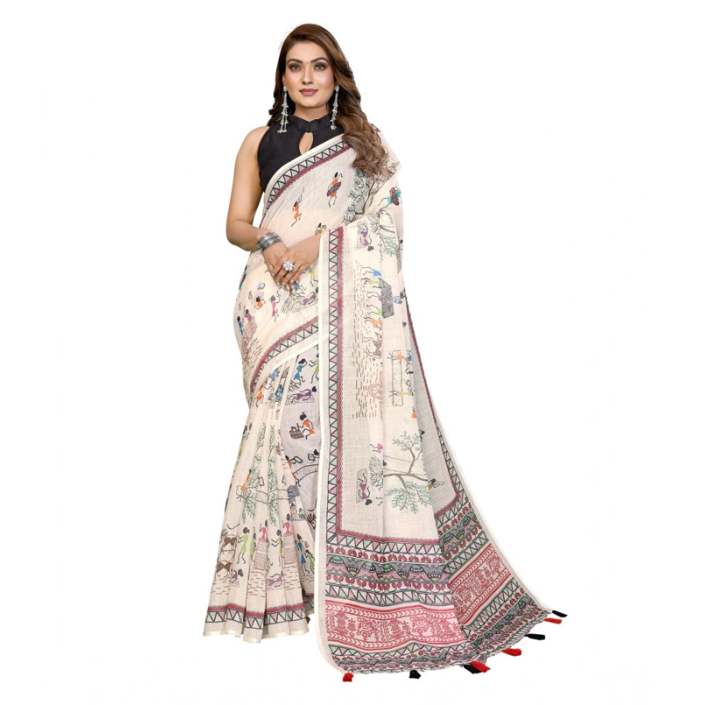Women's Linen Cotton Printed Saree With Unstitched Blouse 5.5Mtr (Off White) - VANSHELLE
