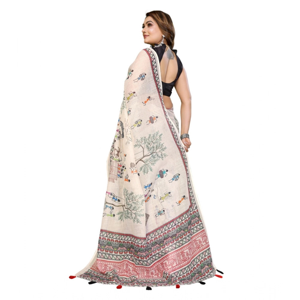 Women's Linen Cotton Printed Saree With Unstitched Blouse 5.5Mtr (Off White) - VANSHELLE