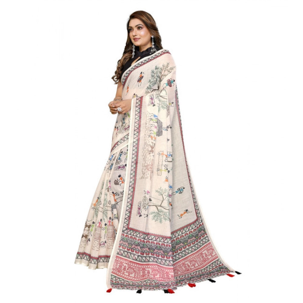 Women's Linen Cotton Printed Saree With Unstitched Blouse 5.5Mtr (Off White) - VANSHELLE