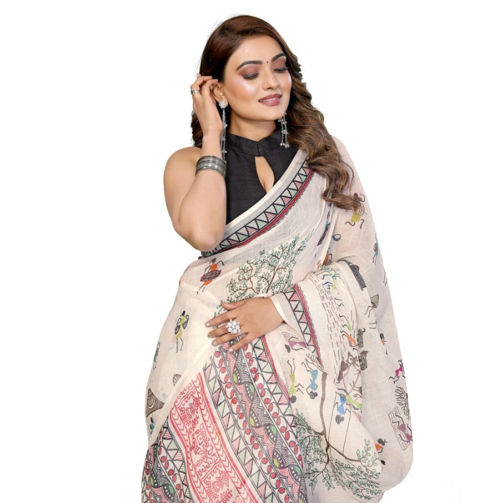 Women's Linen Cotton Printed Saree With Unstitched Blouse 5.5Mtr (Off White) - VANSHELLE