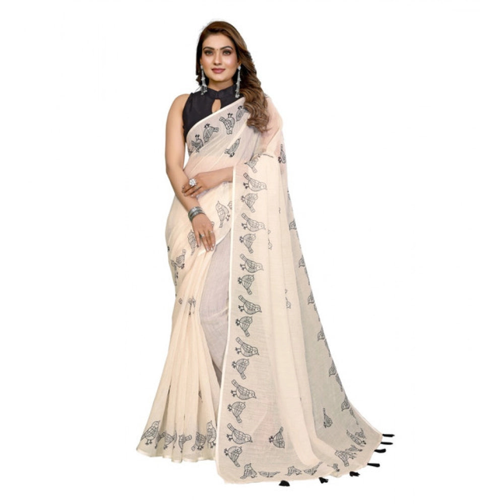 Women's Linen Cotton Printed Saree With Unstitched Blouse 5.5Mtr (Off White) - VANSHELLE