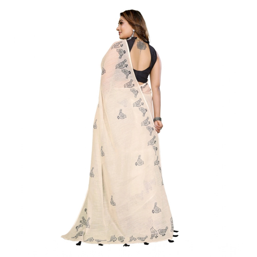 Women's Linen Cotton Printed Saree With Unstitched Blouse 5.5Mtr (Off White) - VANSHELLE
