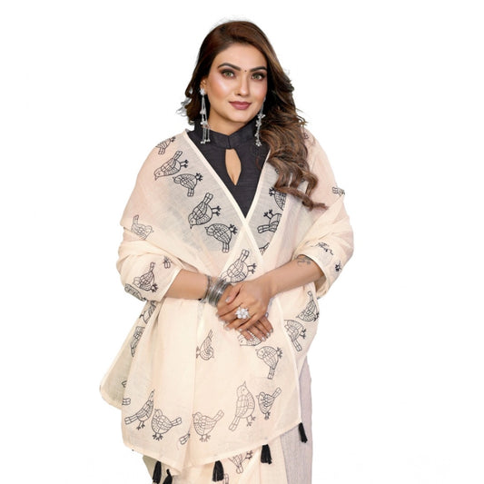 Women's Linen Cotton Printed Saree With Unstitched Blouse 5.5Mtr (Off White) - VANSHELLE