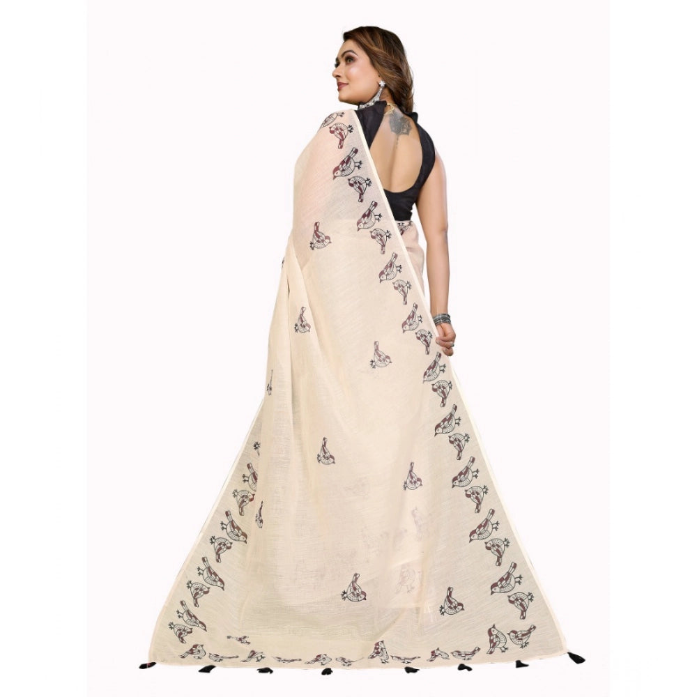 Women's Linen Cotton Printed Saree With Unstitched Blouse 5.5Mtr (Off White) - VANSHELLE