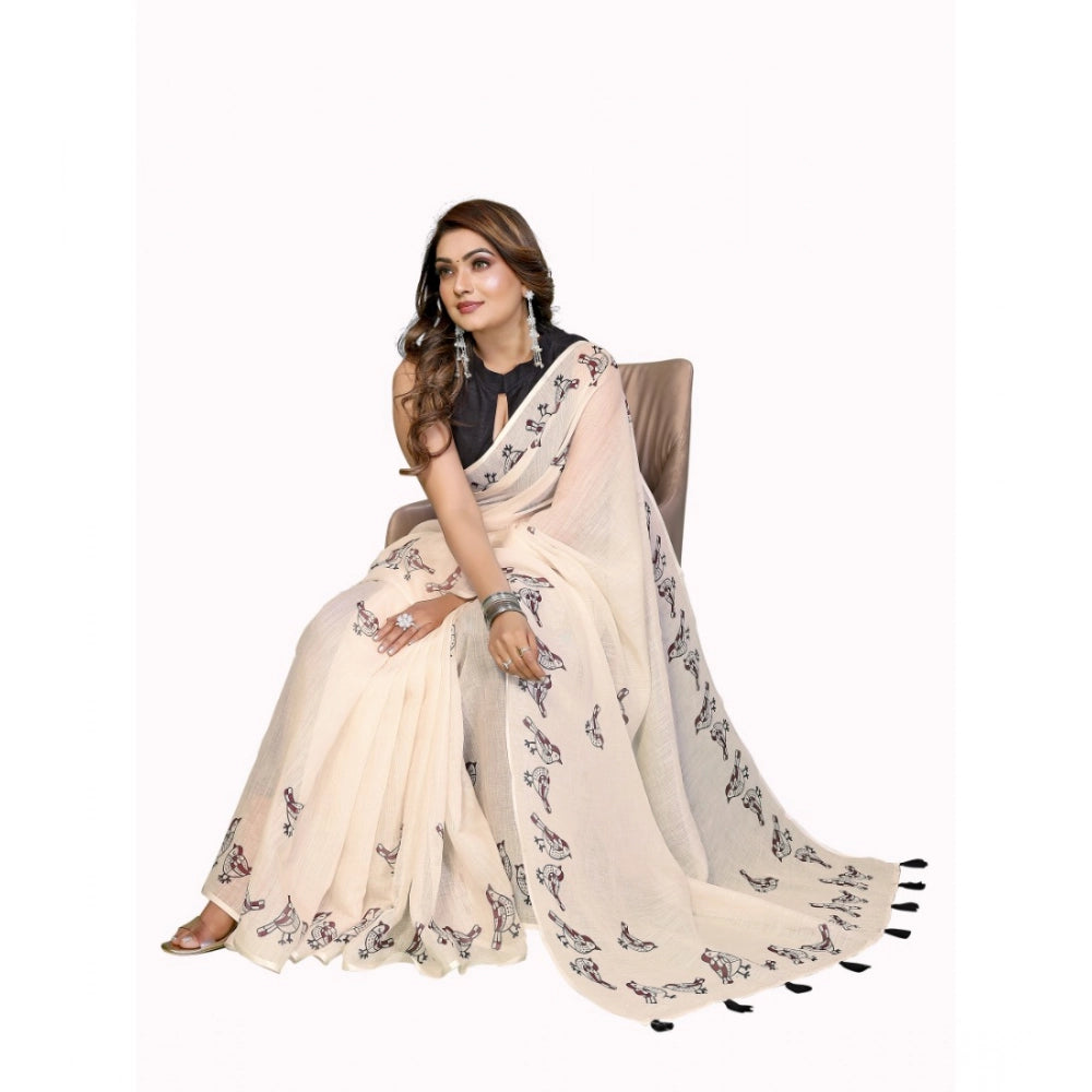Women's Linen Cotton Printed Saree With Unstitched Blouse 5.5Mtr (Off White) - VANSHELLE