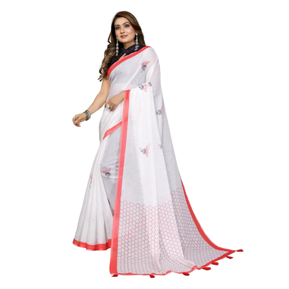 Women's Linen Cotton Printed Saree With Unstitched Blouse 5.5Mtr (White) - VANSHELLE
