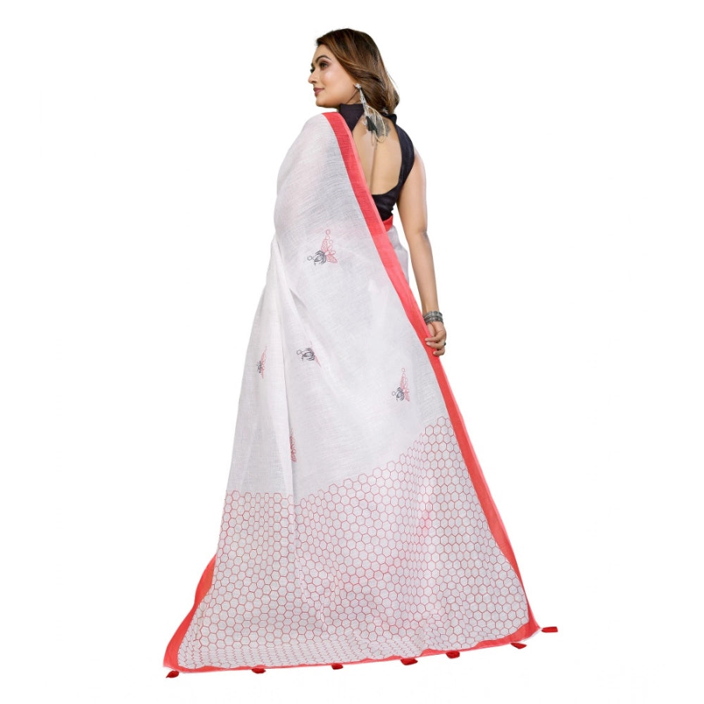 Women's Linen Cotton Printed Saree With Unstitched Blouse 5.5Mtr (White) - VANSHELLE