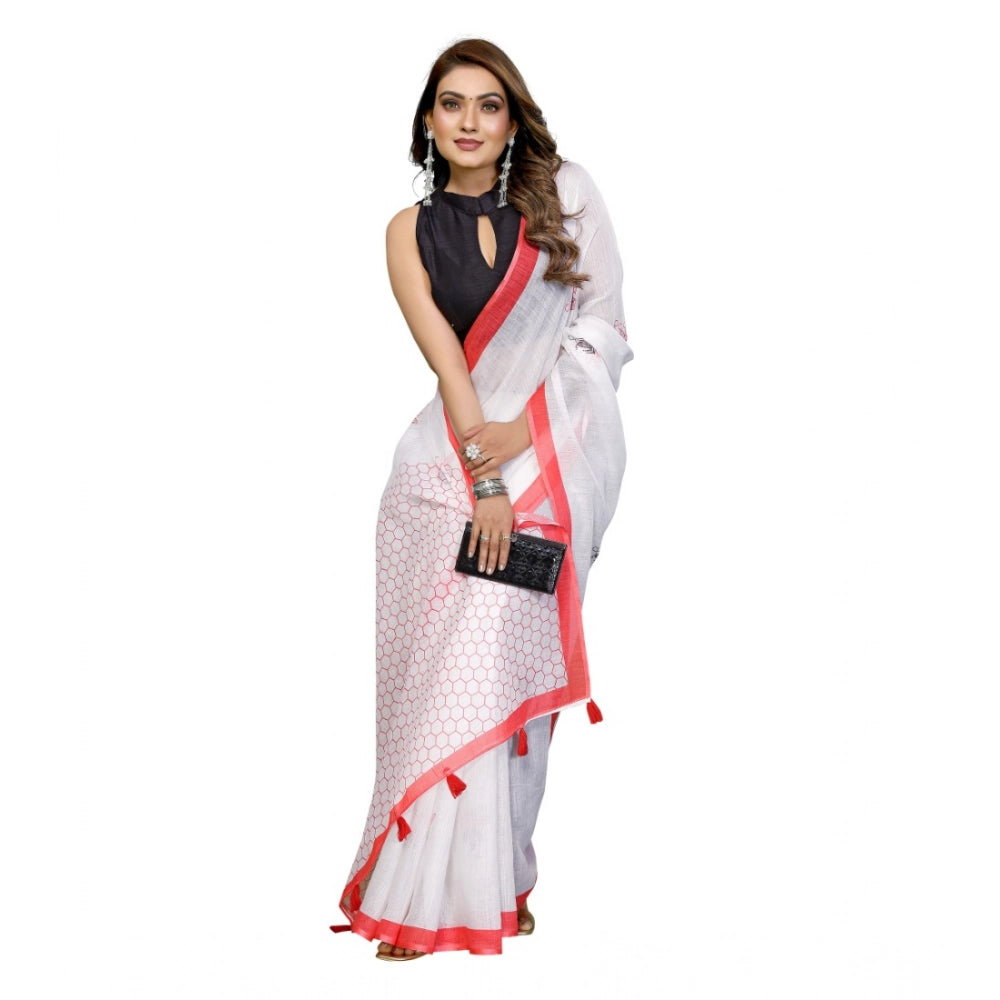 Women's Linen Cotton Printed Saree With Unstitched Blouse 5.5Mtr (White) - VANSHELLE