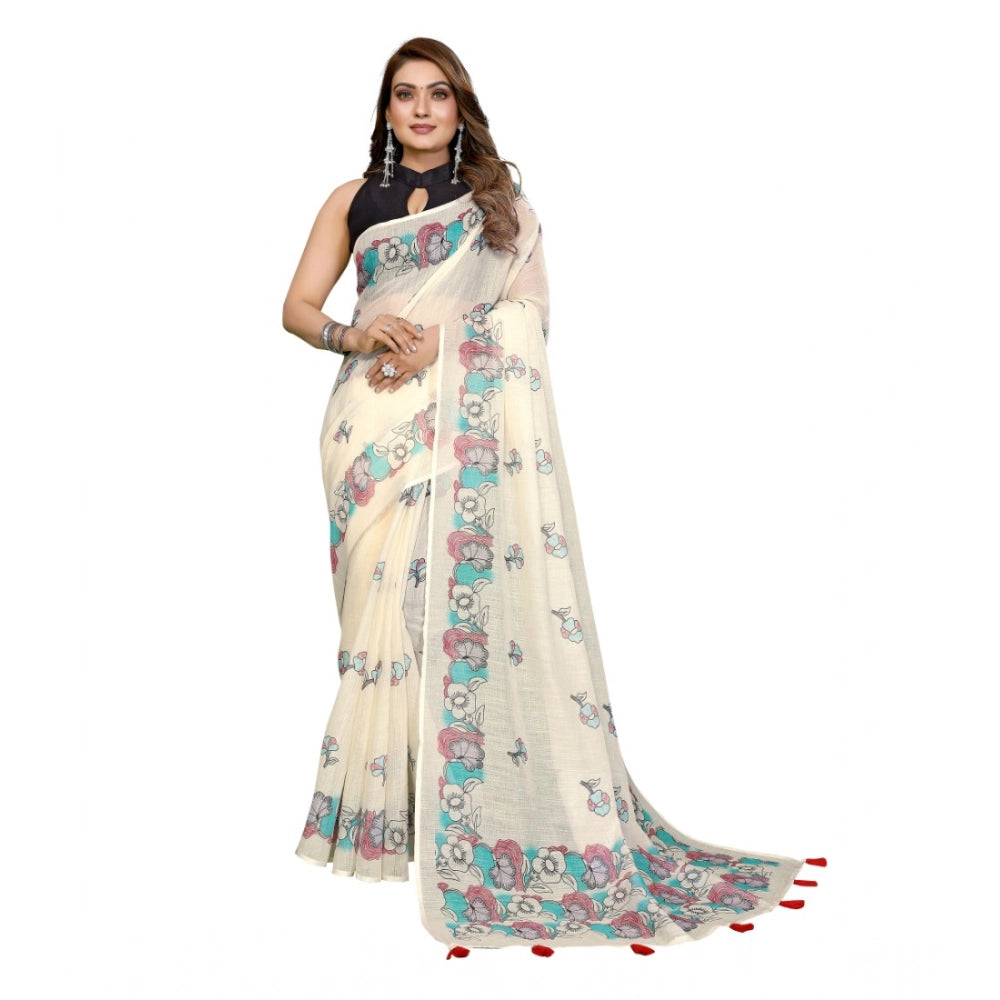 Women's Linen Cotton Printed Saree With Unstitched Blouse 5.5Mtr (Off White) - VANSHELLE