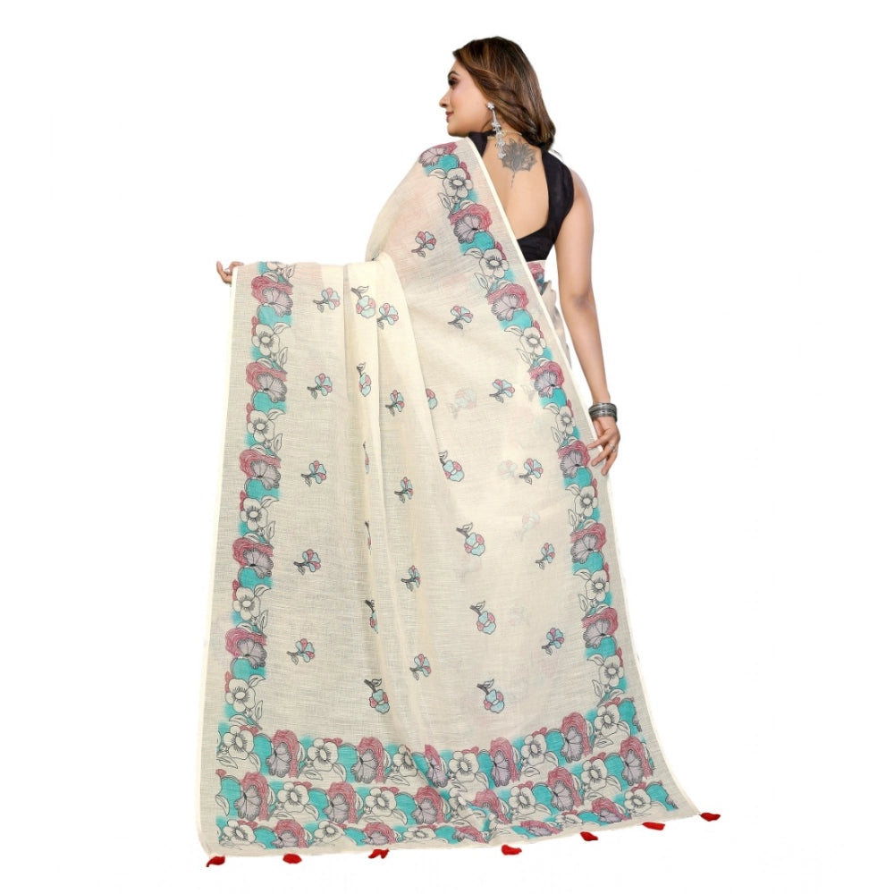 Women's Linen Cotton Printed Saree With Unstitched Blouse 5.5Mtr (Off White) - VANSHELLE