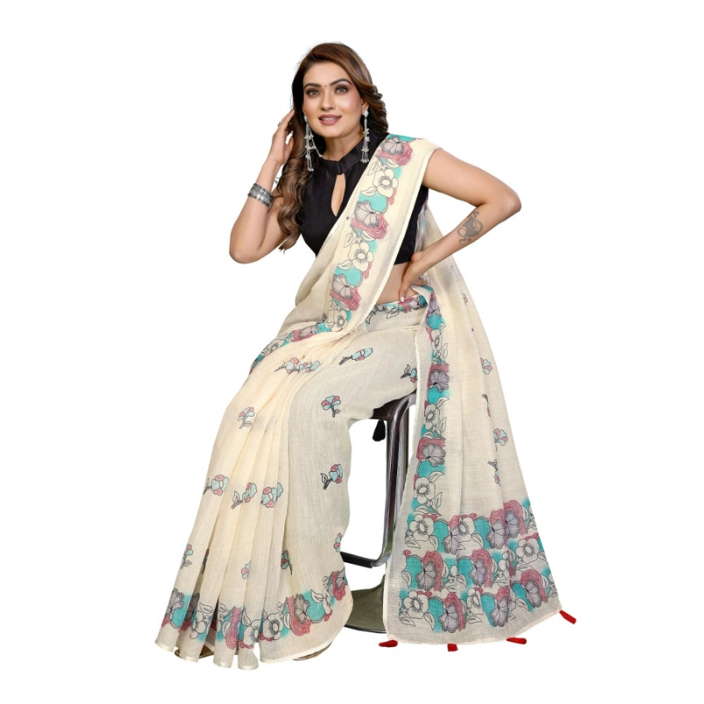 Women's Linen Cotton Printed Saree With Unstitched Blouse 5.5Mtr (Off White) - VANSHELLE