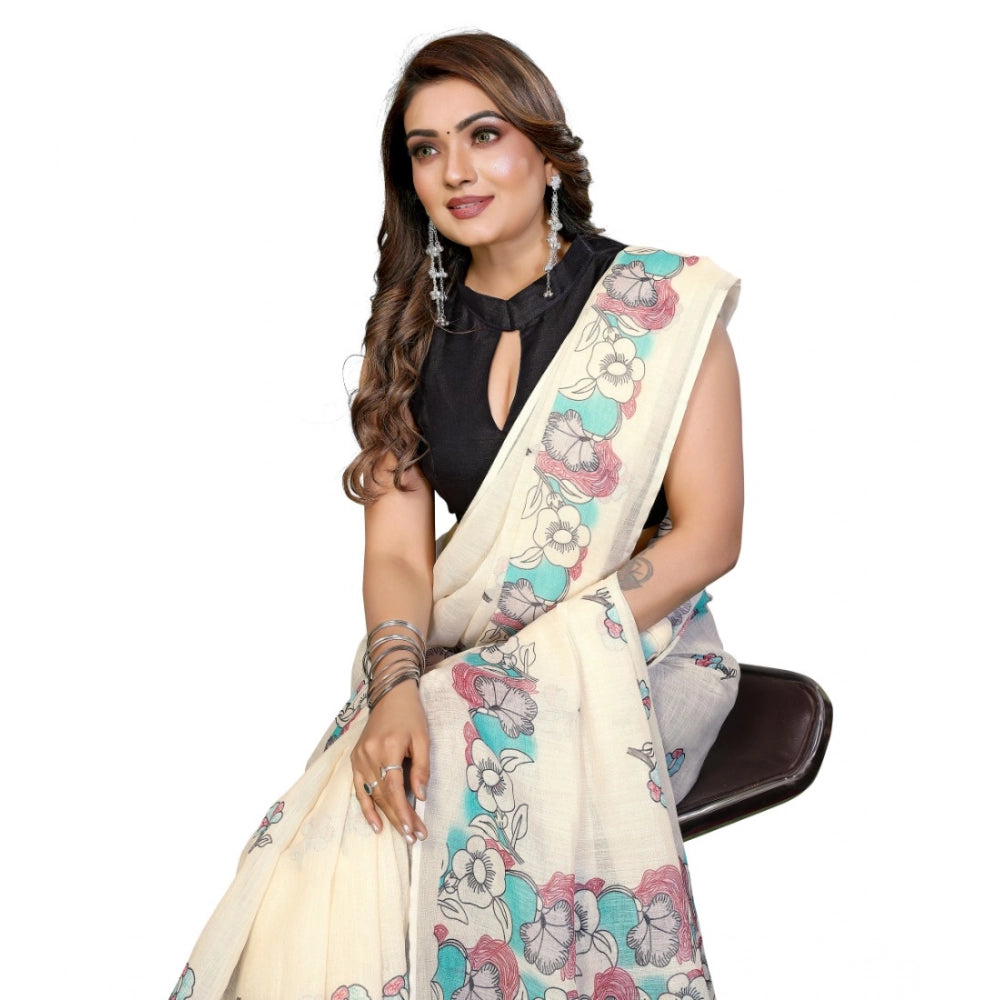 Women's Linen Cotton Printed Saree With Unstitched Blouse 5.5Mtr (Off White) - VANSHELLE