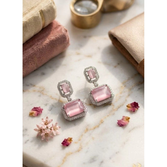 Women'S Brass Silver Plated Drop Earrings (Pink)