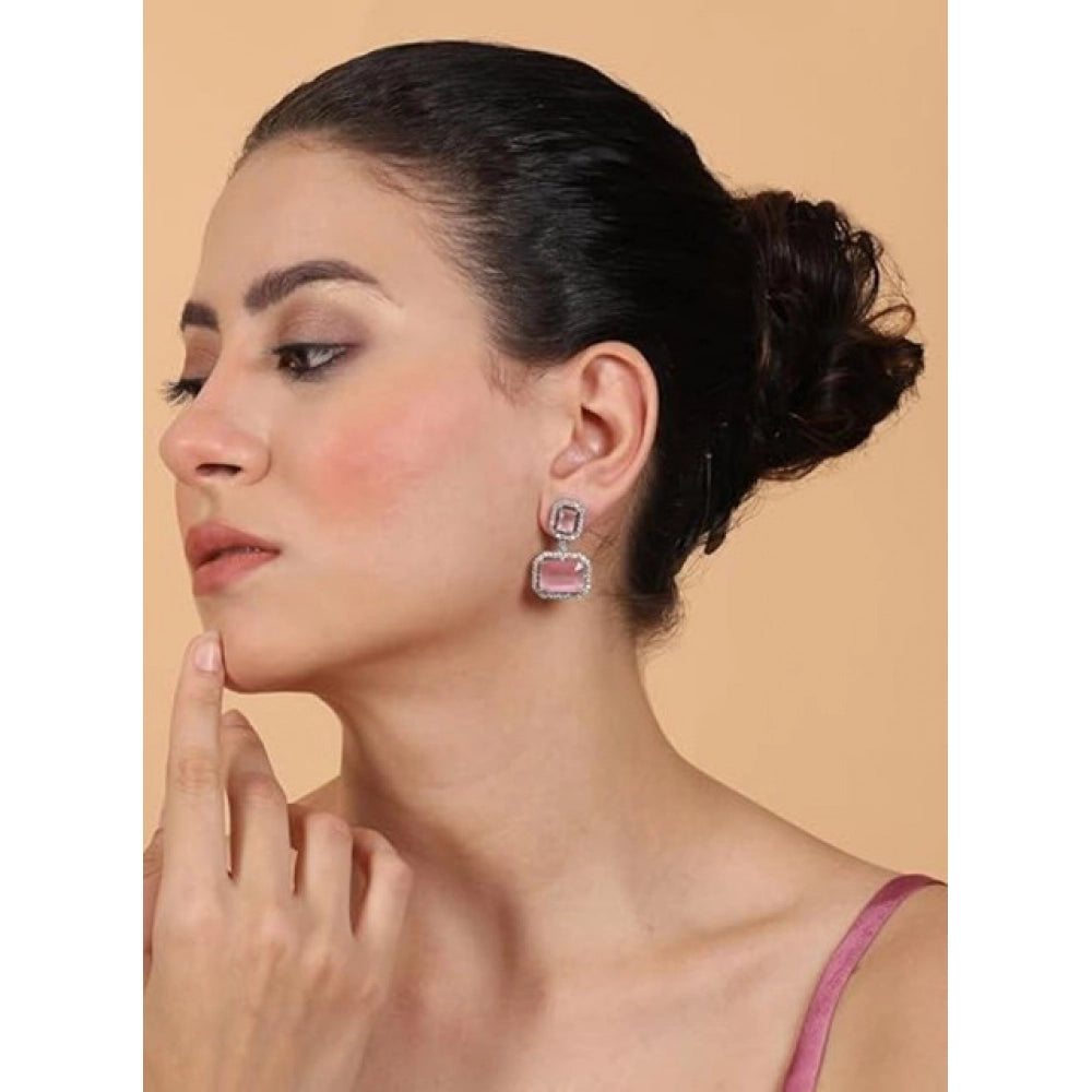 Women'S Brass Silver Plated Drop Earrings (Pink)