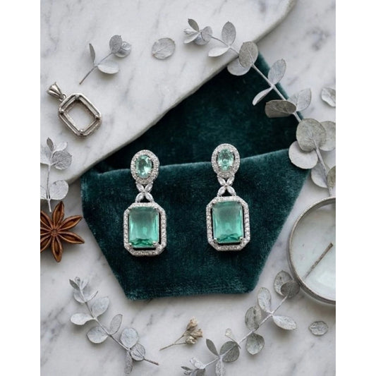 Women'S Brass Silver Plated Drop Earrings (Green)