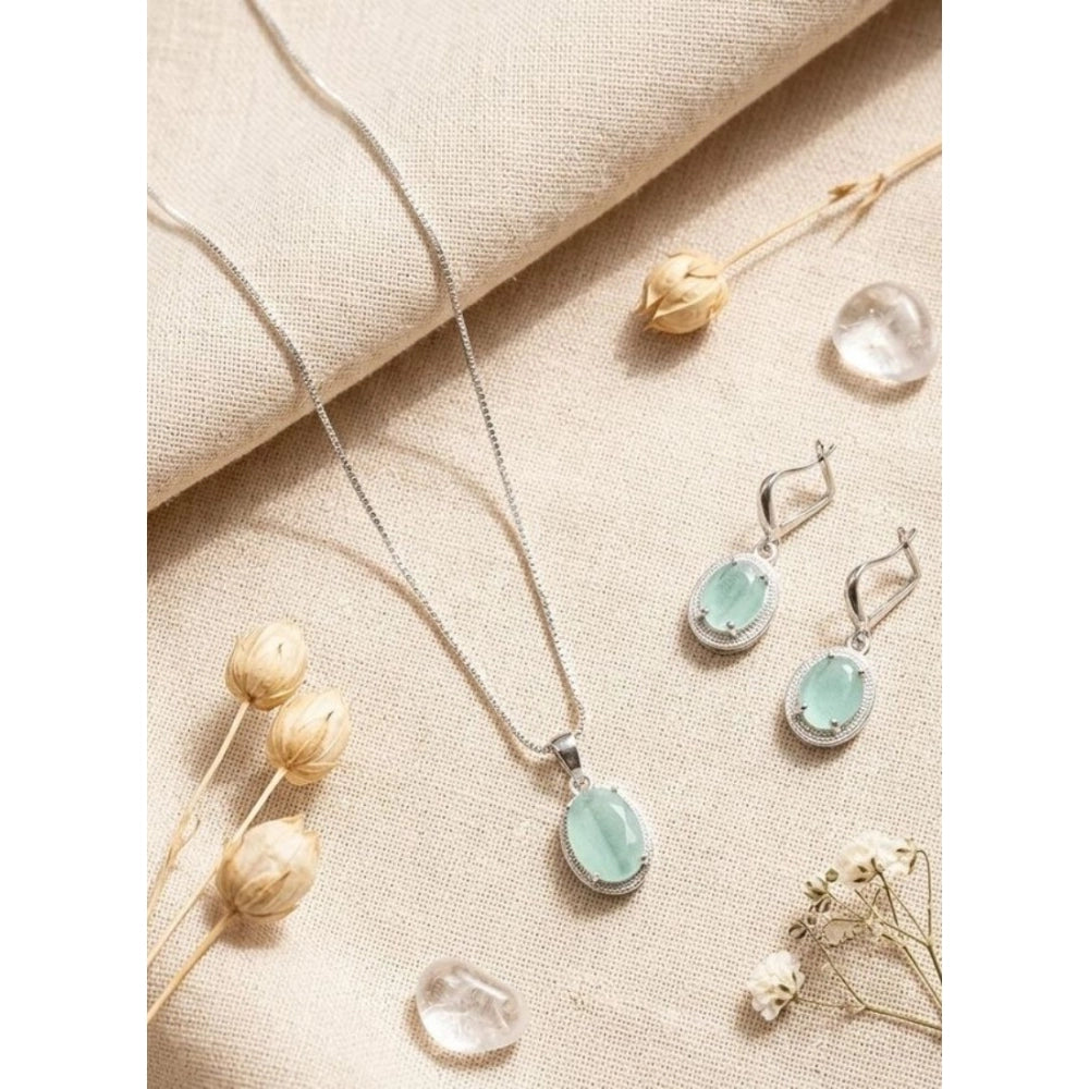 Women'S Brass Silver Plated Pendant Set (Turquoise)