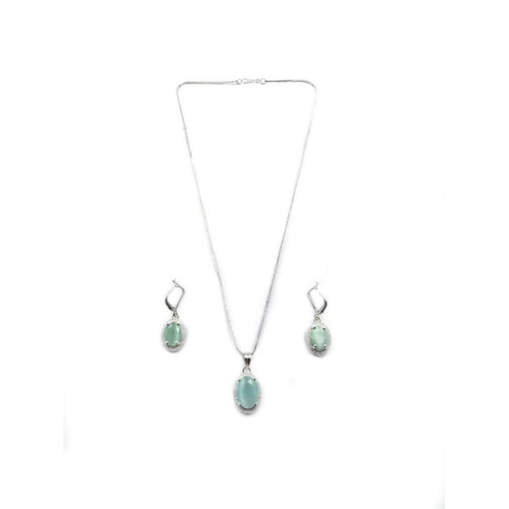 Women'S Brass Silver Plated Pendant Set (Turquoise)