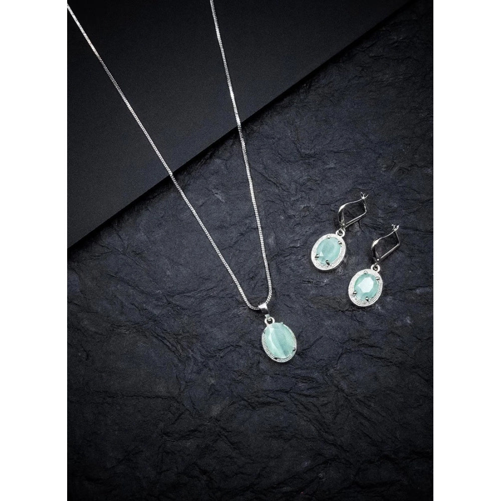 Women'S Brass Silver Plated Pendant Set (Turquoise)