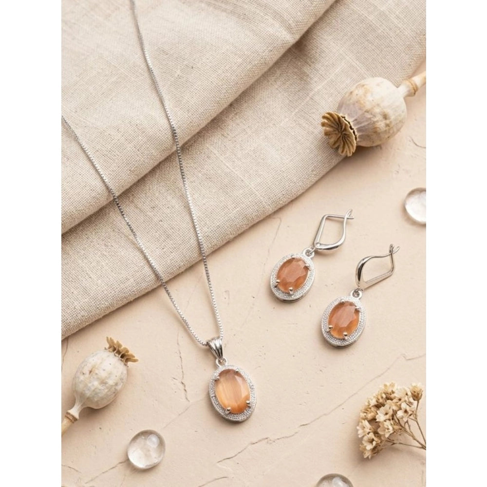 Women'S Brass Silver Plated Pendant Set (Orange)