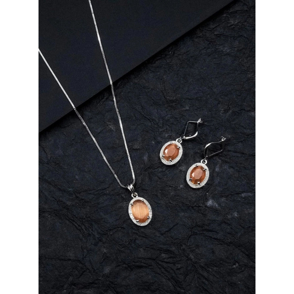 Women'S Brass Silver Plated Pendant Set (Orange)