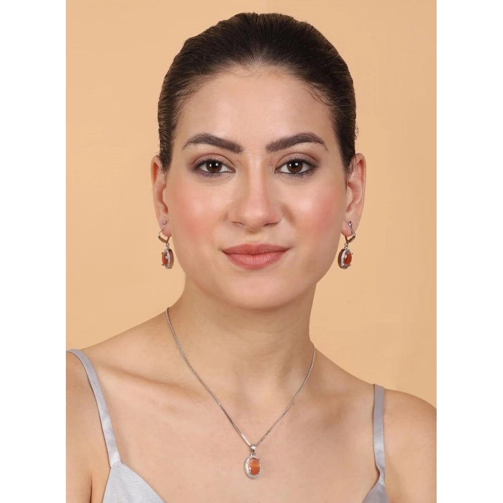 Women'S Brass Silver Plated Pendant Set (Orange)