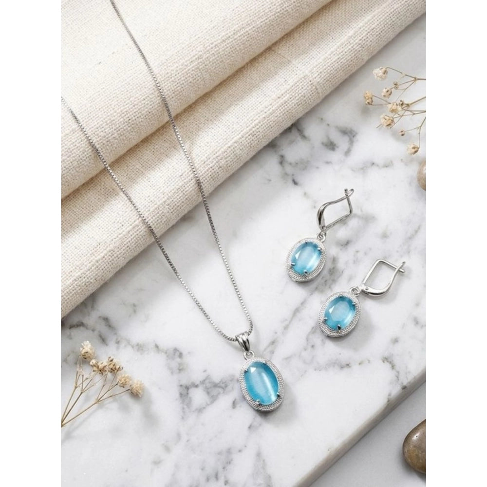 Women'S Brass Silver Plated Pendant Set (Blue)