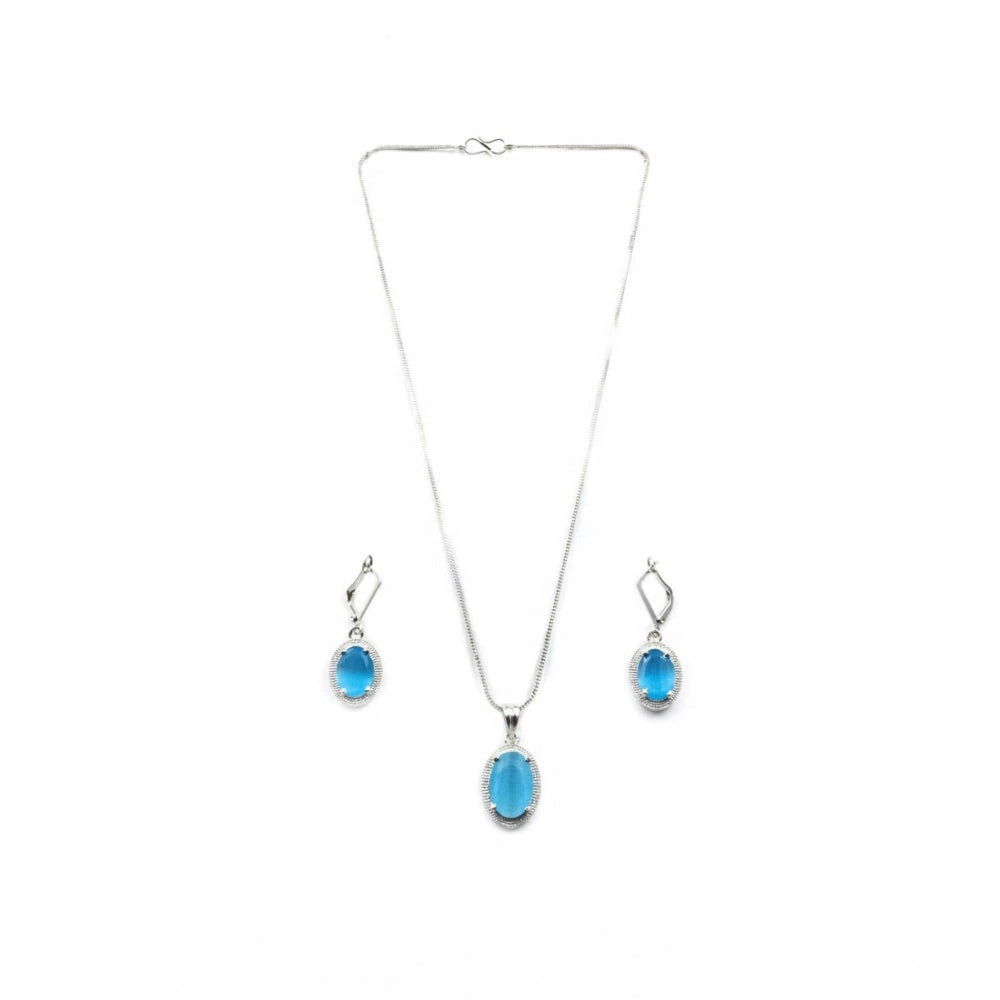 Women'S Brass Silver Plated Pendant Set (Blue)