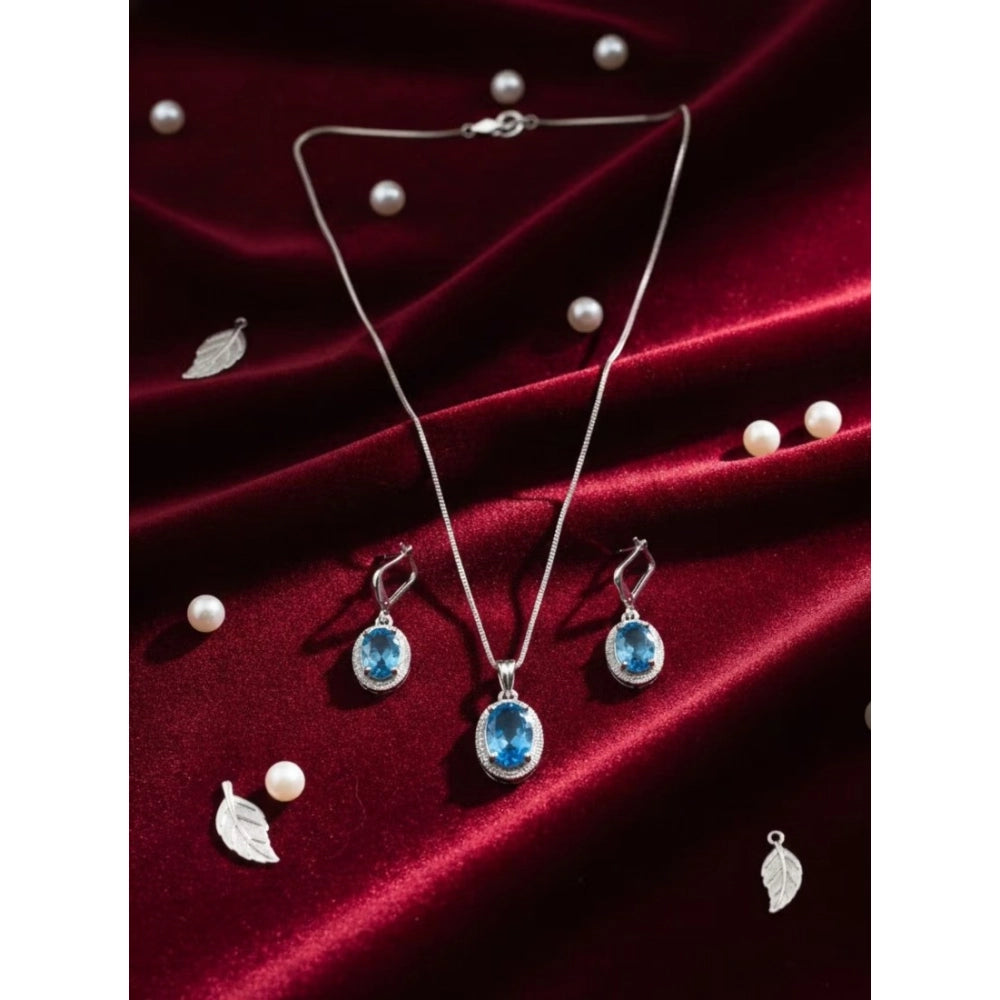 Women'S Brass Silver Plated Pendant Set (Blue)