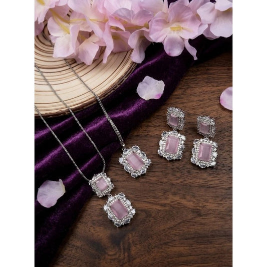 Women'S Brass Silver Plated Pendant Set (Pink)