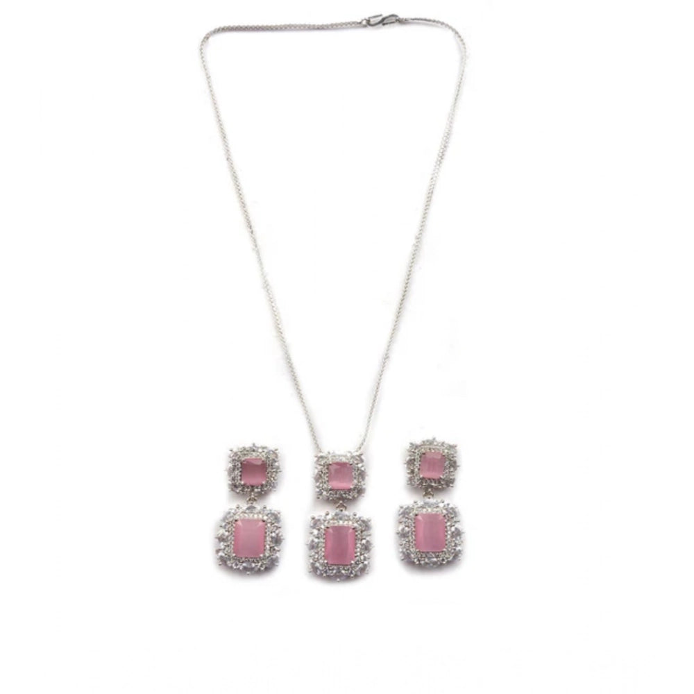 Women'S Brass Silver Plated Pendant Set (Pink)