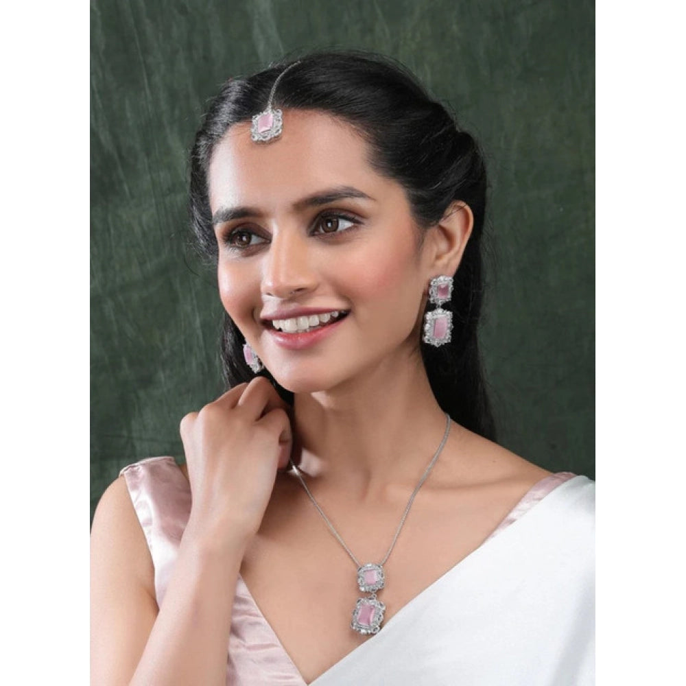 Women'S Brass Silver Plated Pendant Set (Pink)