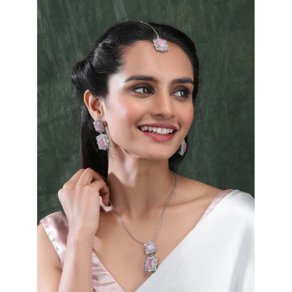 Women'S Brass Silver Plated Pendant Set (Pink)