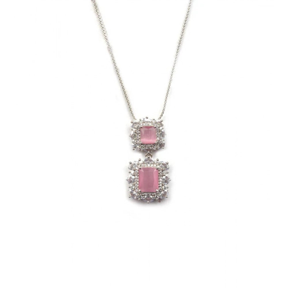 Women'S Brass Silver Plated Pendant Set (Pink)