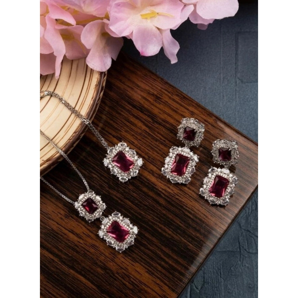 Women'S Brass Silver Plated Pendant Set (Red)