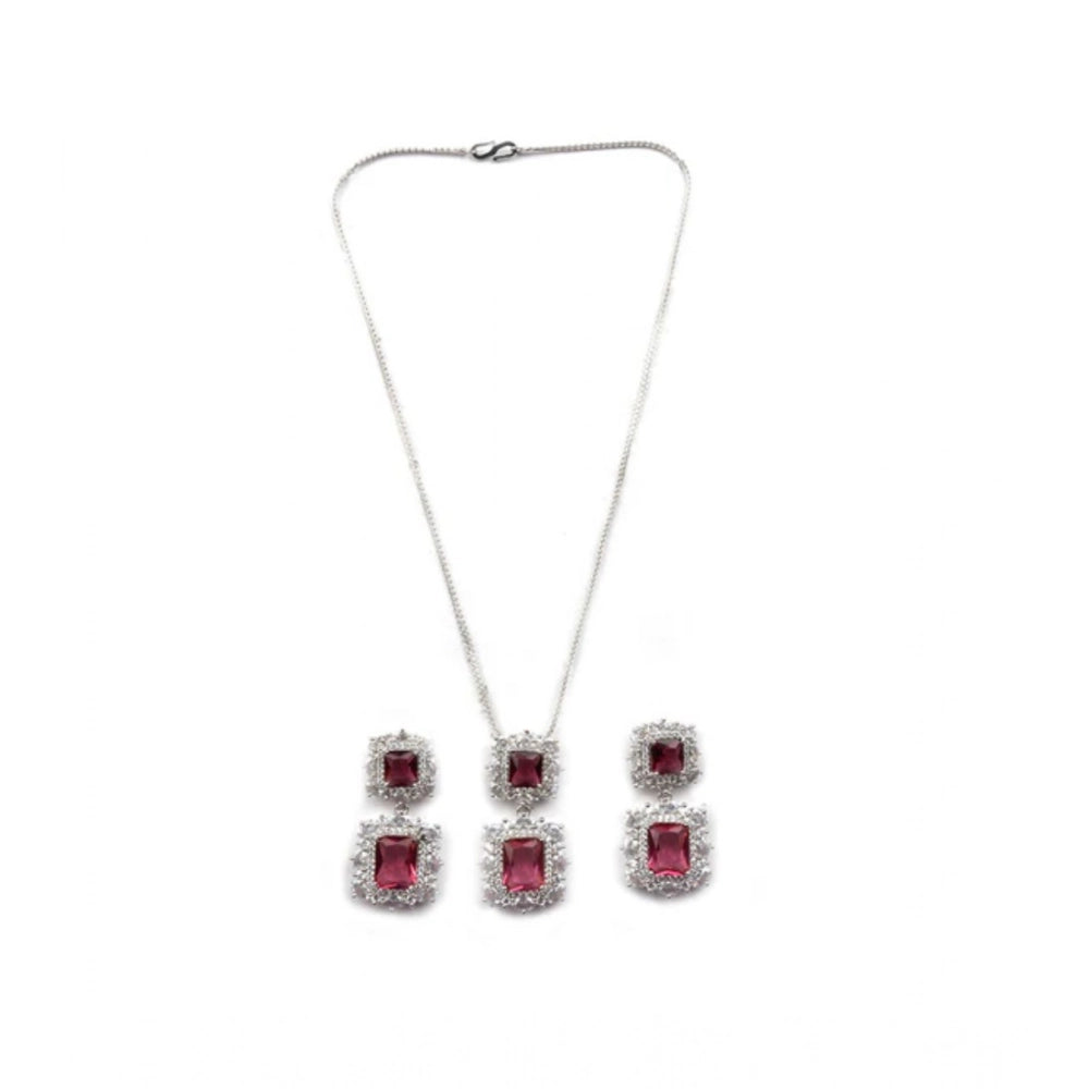 Women'S Brass Silver Plated Pendant Set (Red)