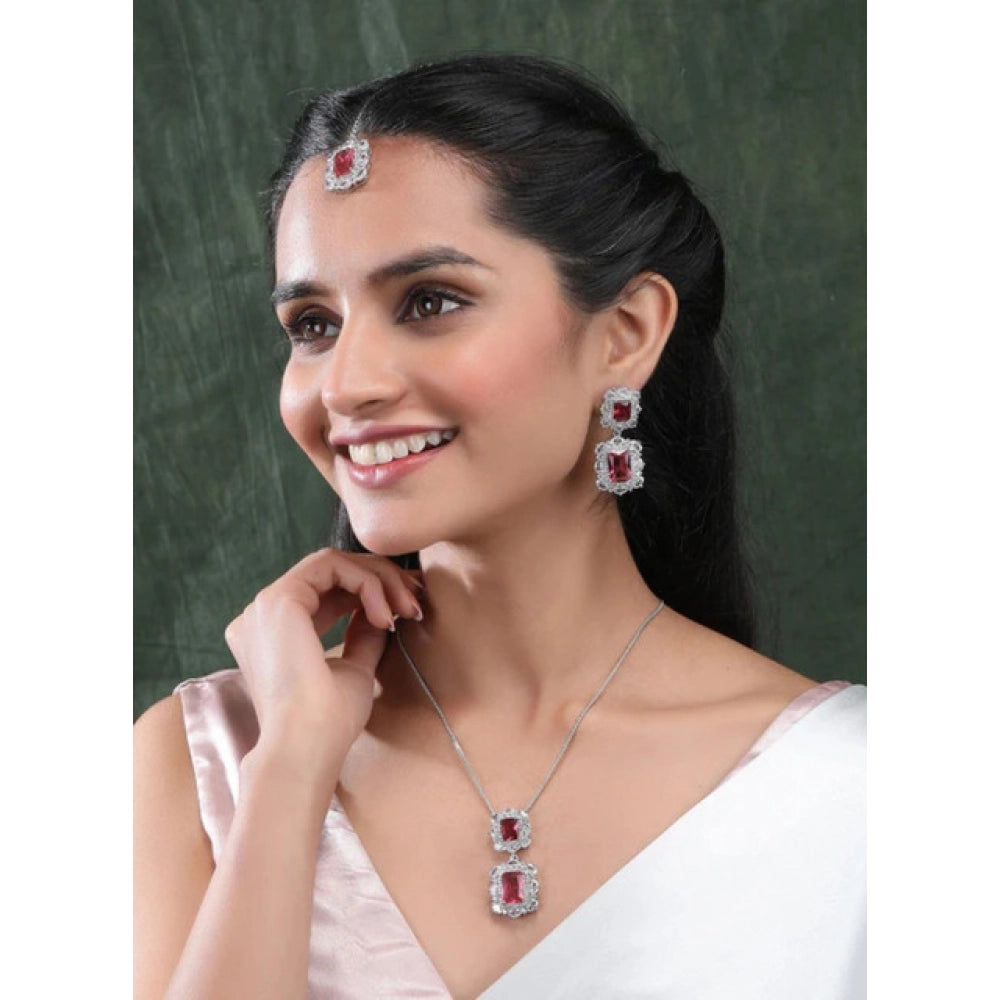 Women'S Brass Silver Plated Pendant Set (Red)