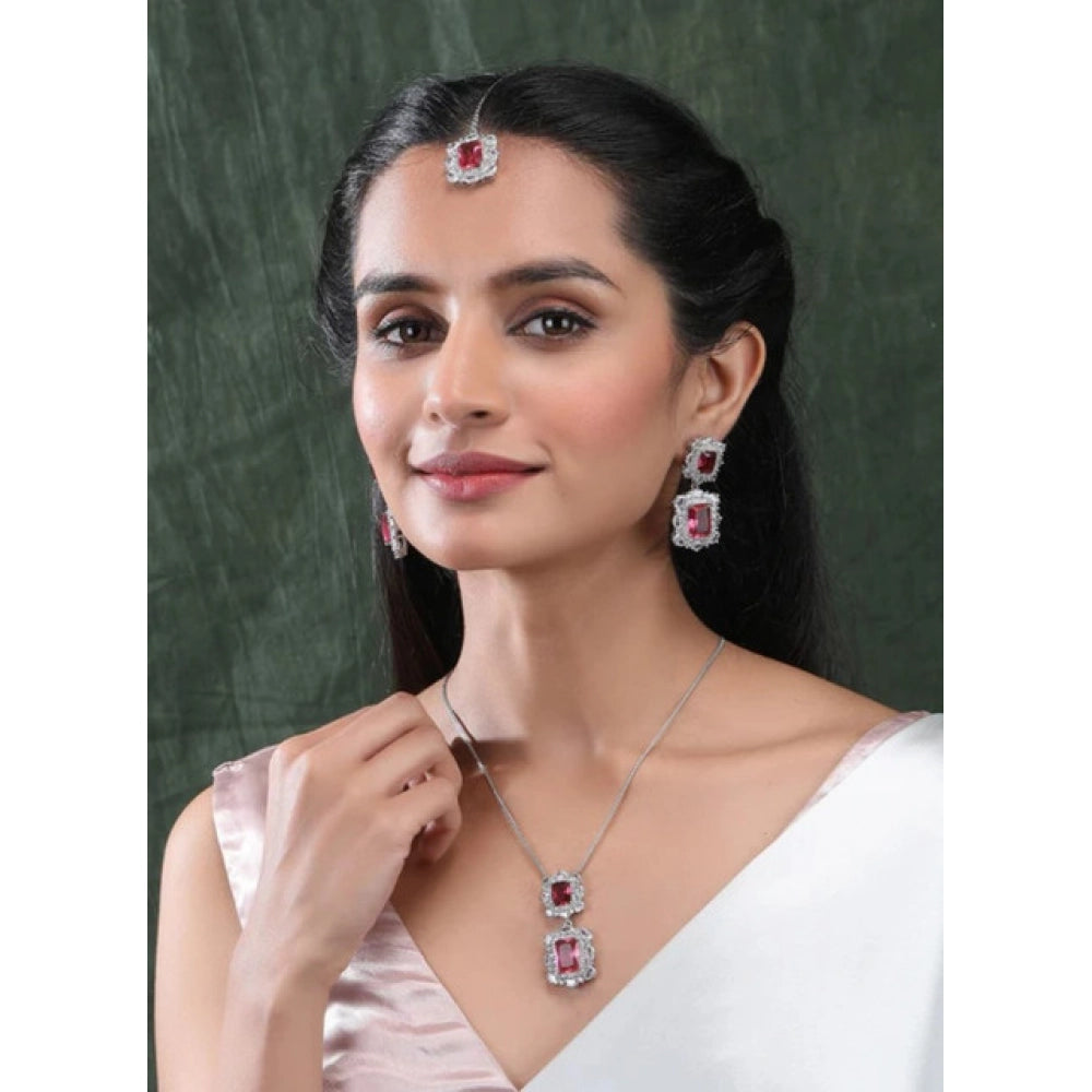 Women'S Brass Silver Plated Pendant Set (Red)