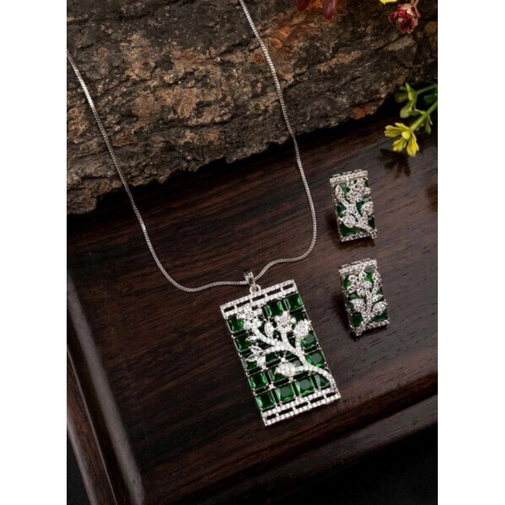 Women'S Brass Silver Plated Pendant Set (Green)