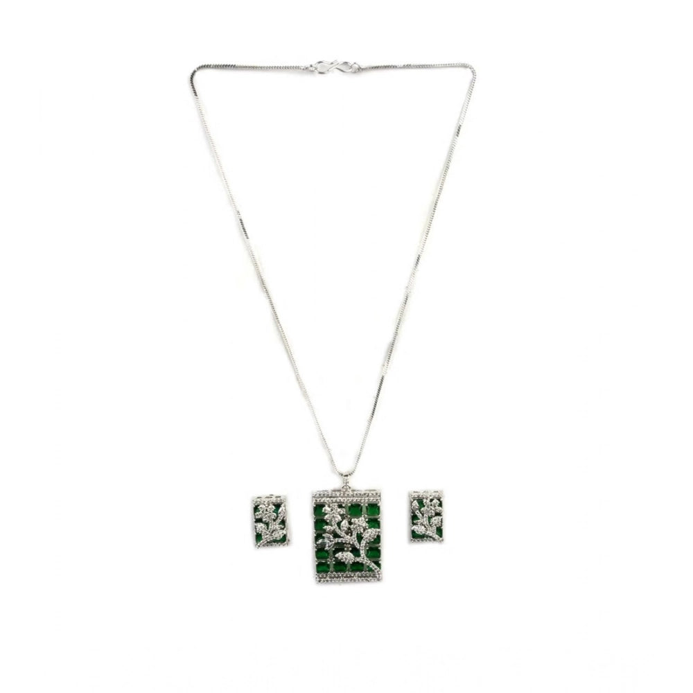 Women'S Brass Silver Plated Pendant Set (Green)