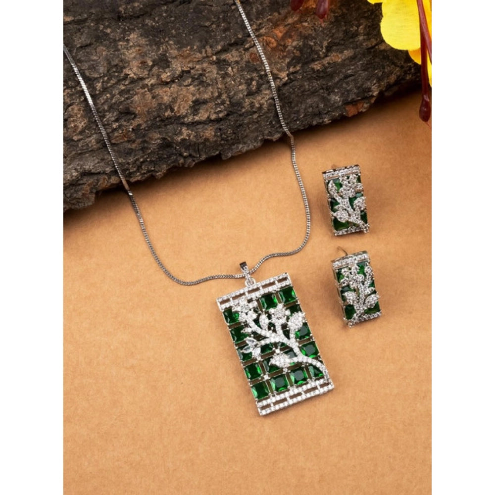 Women'S Brass Silver Plated Pendant Set (Green)