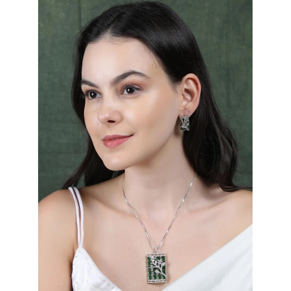 Women'S Brass Silver Plated Pendant Set (Green)
