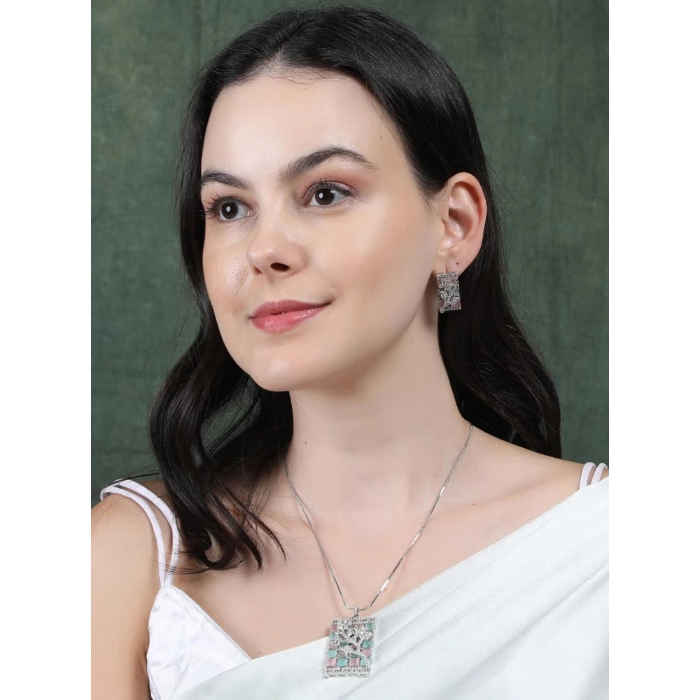 Women'S Brass Silver Plated Pendant Set (Multicolor)