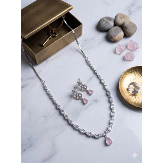Women'S Brass Silver Plated Necklace Set (Pink)