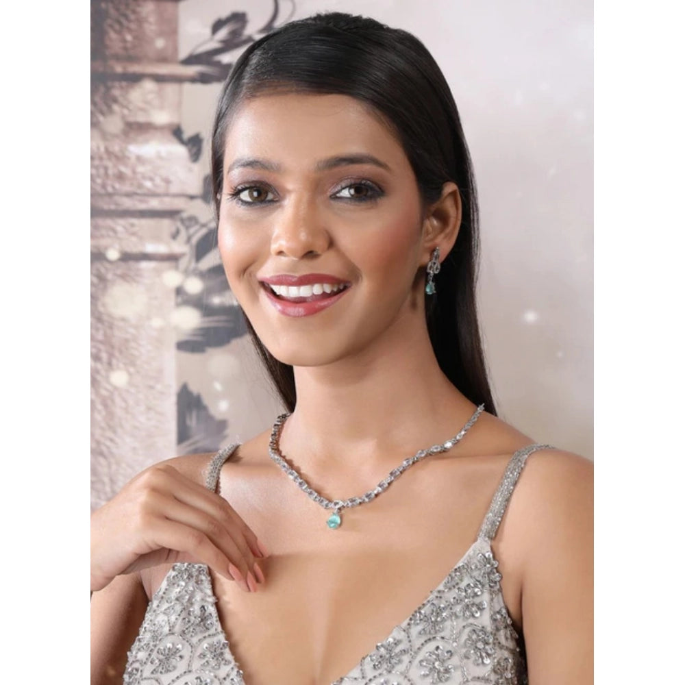 Women'S Brass Silver Plated Necklace Set (Turquoise)